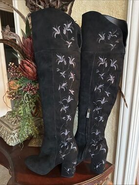 Kenneth Cole Black Suede Over-the-Knee Boots with Floral Embroidery